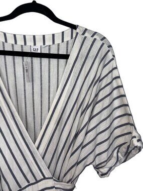 Gap Ivory & Blue Striped Linen & Cotton Midi Wrap Dress - Size 16 Tall - NWT